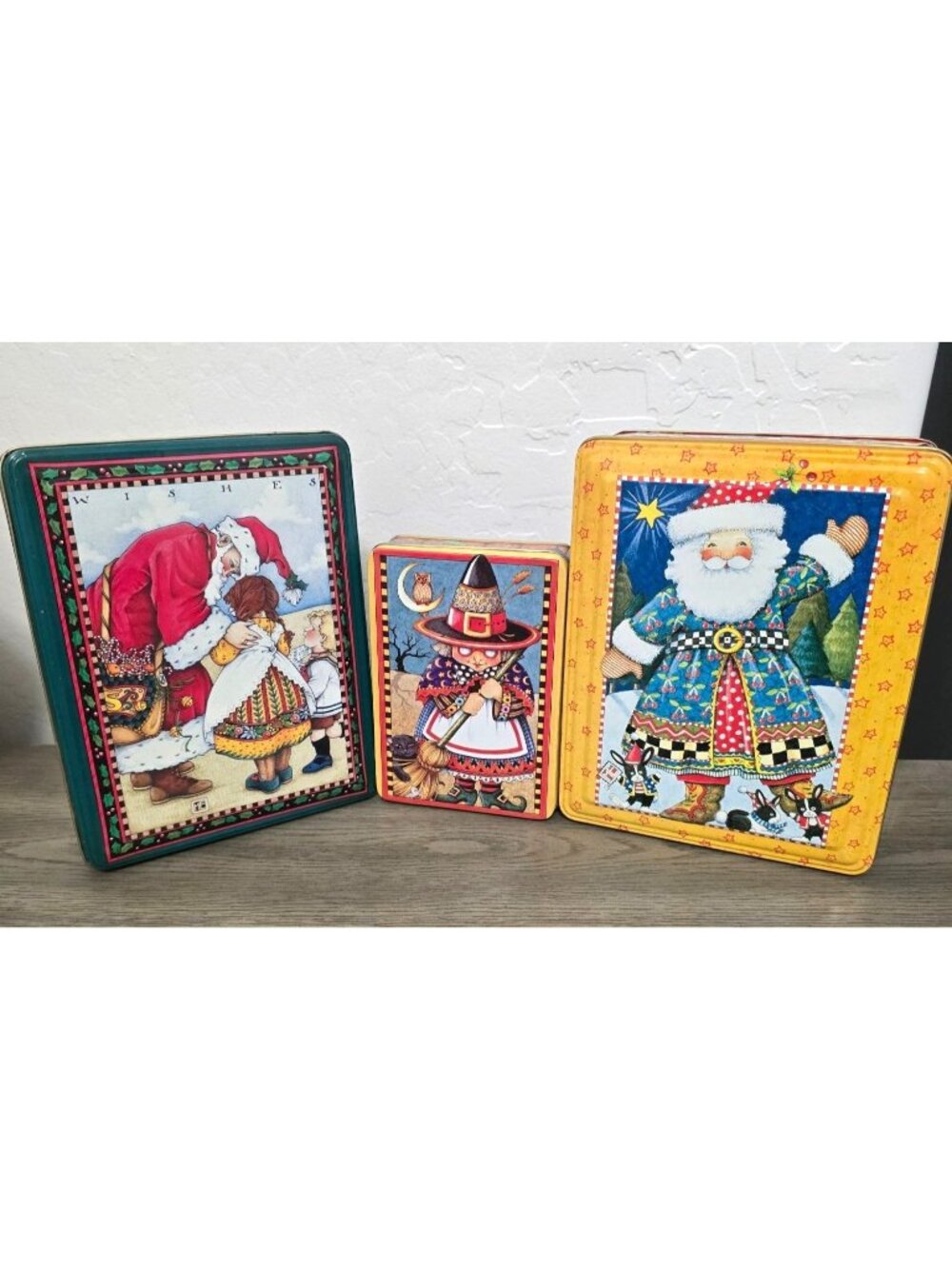 Mary Engelbreit Holiday Themed Set of 3 Tins Christmas and Halloween